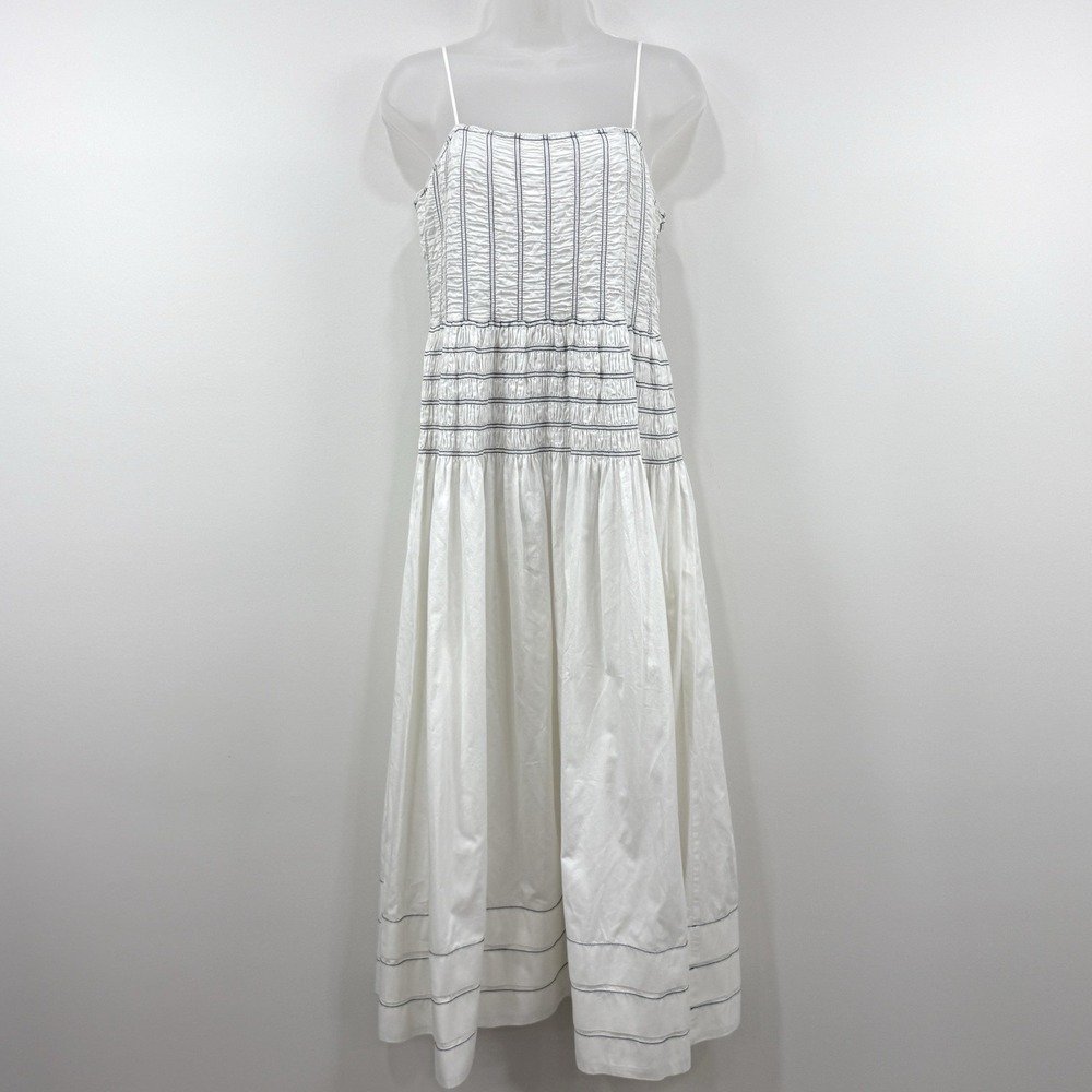 Saylor Adalene Midi Dress L Pinstripe Euro Summer Chic Beachy Smocked Clean Girl